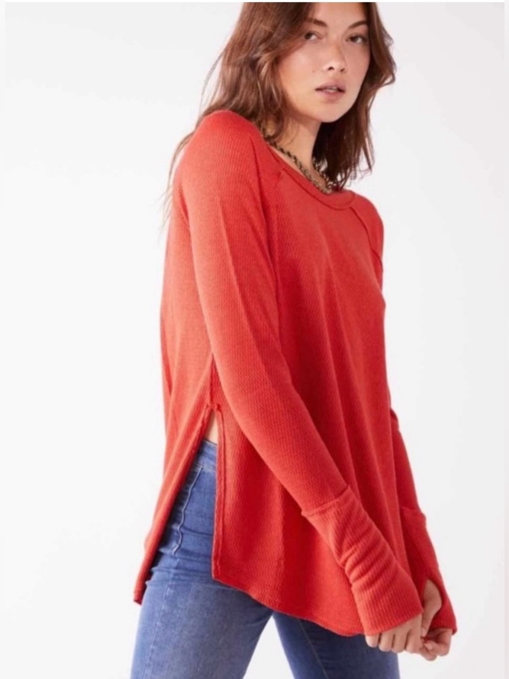 Free People Heatwave Orange Red Snowy Thermal Knit Long Sleeve Pullover Small